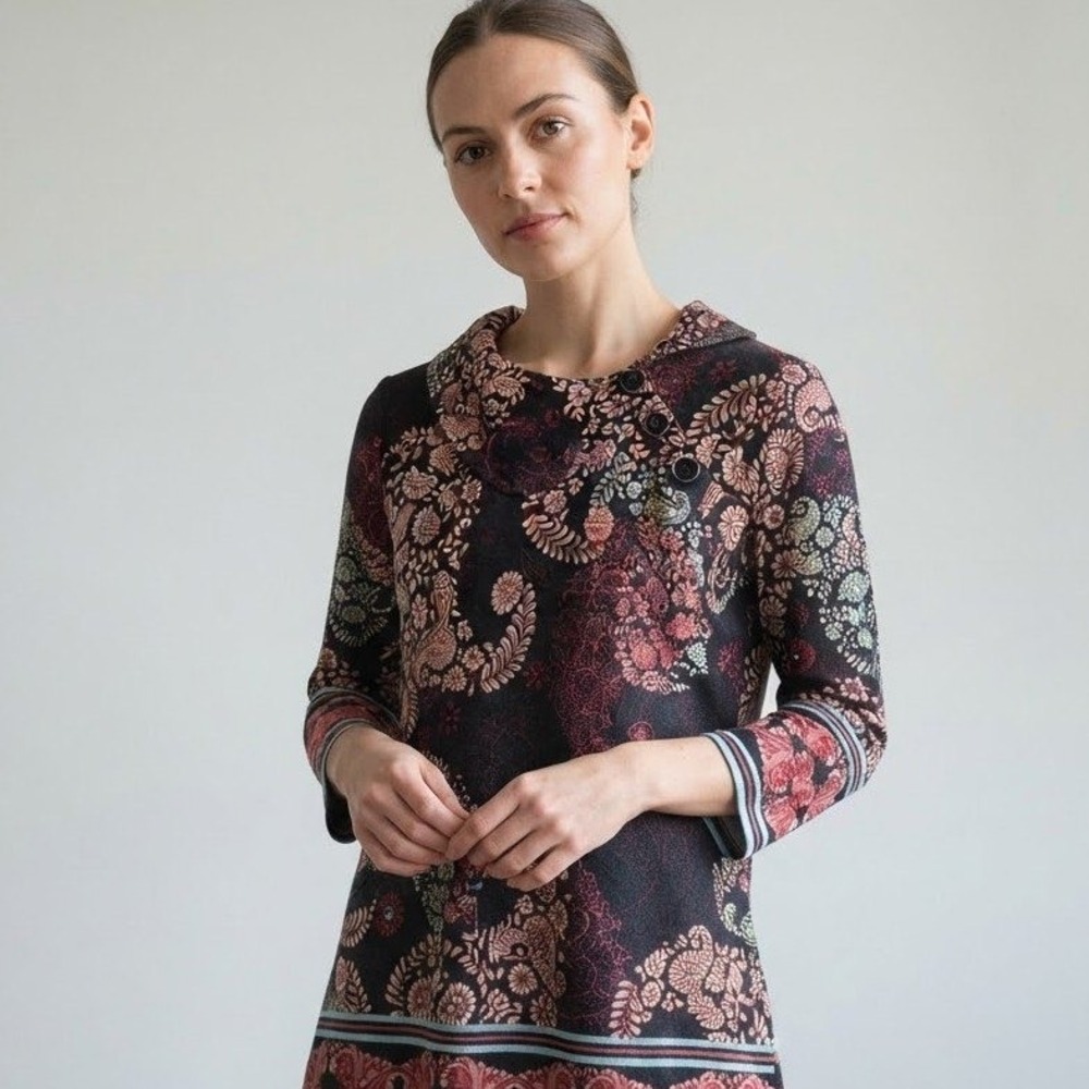 Papa Vancouver Paisely Tunic Womens Small Black Red Button Cowl Neck Boho Hippie